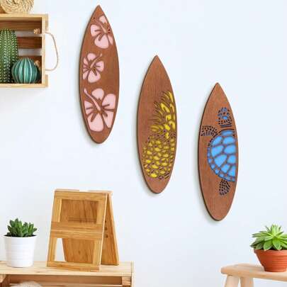 3 Pcs Surfboard Wall Hanging Sign Wooden Beach Decor Summer Themed Hawaiian Tropical Hibiscus Flower Bar Wall Decor Pineapple Sea Turtle Door Sign For Party,Home Decor ,Room Decor,Wall Decor Gifts Birthday Graduation