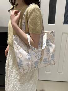 Women's Fashion Floral Print Large Capacity Tote Bag, Sewing Craft Shoulder Bag, Fabric Handbag, Suitable For Teenage Girls, Female College Students, Novices And White-Collar Workers, Suitable For Office, University, Work, Business, Commuting, Outdoor, Travel, Outing, Literary School Bag & Bookbag For Women Or Students, Perfect For Books, Shopping, Back To School And More