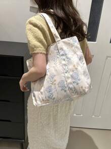 Women's Fashion Floral Print Large Capacity Tote Bag, Sewing Craft Shoulder Bag, Fabric Handbag, Suitable For Teenage Girls, Female College Students, Novices And White-Collar Workers, Suitable For Office, University, Work, Business, Commuting, Outdoor, Travel, Outing, Literary School Bag & Bookbag For Women Or Students, Perfect For Books, Shopping, Back To School And More
