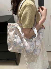 Women's Fashion Floral Print Large Capacity Tote Bag, Sewing Craft Shoulder Bag, Fabric Handbag, Suitable For Teenage Girls, Female College Students, Novices And White-Collar Workers, Suitable For Office, University, Work, Business, Commuting, Outdoor, Travel, Outing, Literary School Bag & Bookbag For Women Or Students, Perfect For Books, Shopping, Back To School And More