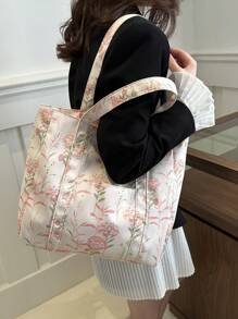 花草女士时尚花卉印花大容量手提包，缝纫工艺单肩包，布艺手提包，适合少女、女大学生、新手和白领，适合办公室、大学、工作、商务、通勤、户外、旅游、郊游、学校用手提包