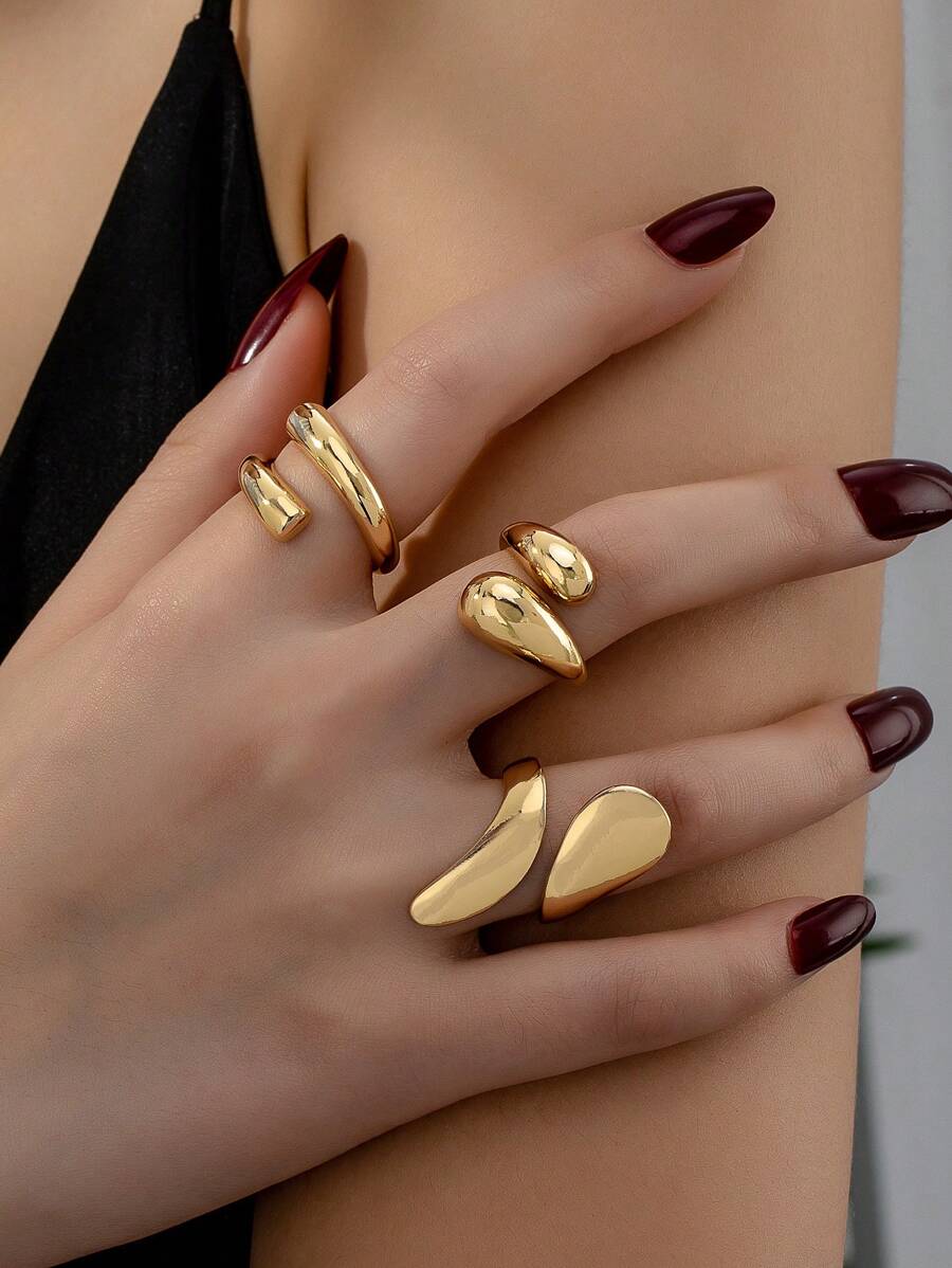 （三件套）女士不褪色戒指，時尚個性化耐污垢戒指套裝 - 金黃色 - 查看 1