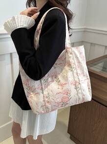 花草女士时尚花卉印花大容量手提包，缝纫工艺单肩包，布艺手提包，适合少女、女大学生、新手和白领，适合办公室、大学、工作、商务、通勤、户外、旅游、郊游、学校用手提包