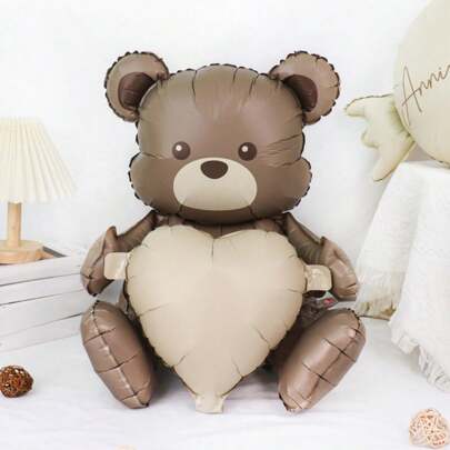 2 pezzi Palloncini in forma di cuore con orsetto marrone carino che li abbraccia, palloncini in film di poliestere opaco 3D a forma di orsetto seduto cartoni animati, adatti per decorazioni di feste di compleanno, forniture per feste in casa.