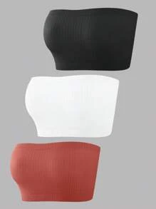 3pcs Seamless Wirefree Bralette For Women, Basic Ribbed Knit Bandeau Bra, Elastic Sleeveless Camisole Top, Comfy Maternity Tube Top