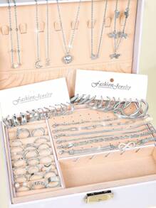 58入組優雅簡約金屬女性珠寶套裝，包含耳環、頸鍊、戒指、手鍊、腳鏈，適用於任何年齡和季節，適合日常穿著，或作為家人、朋友或女友的禮物（不包括盒子） - 銀色 - 查看 10