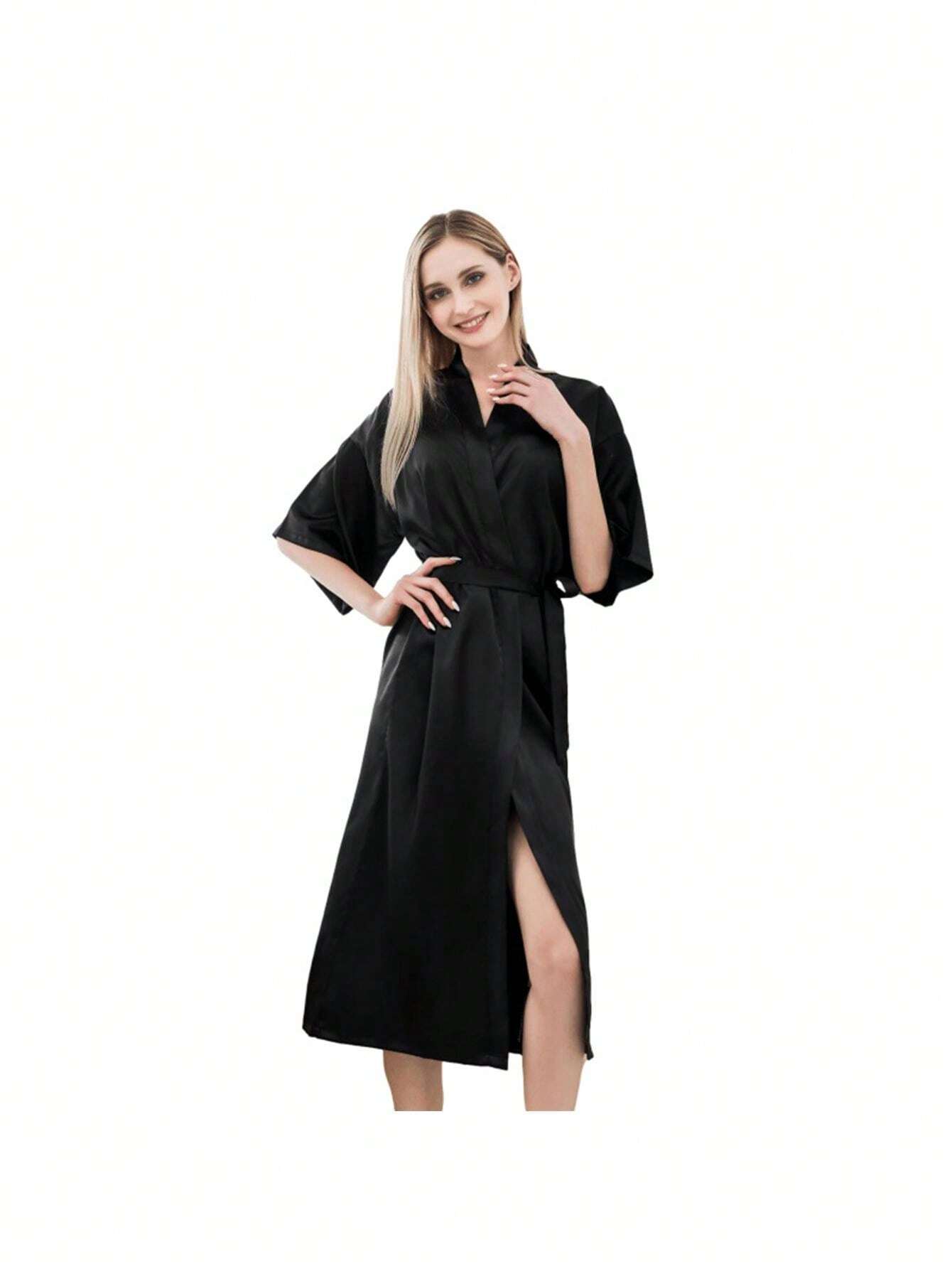 1pc European And American Style Long Faux Silk Robe, Solid Color ...