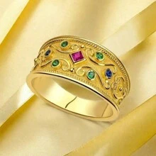 1 pieza Anillo ancho en color dorado noble y majestuoso con inserto de circonita cúbica multicolor para regalo de compromiso/boda/cumpleaños - Dorado - Ver 4