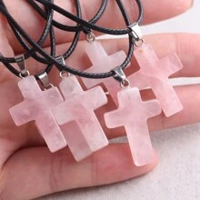 1 Stück natürlicher Stein Rosenquarz Kreuz-Anhänger Halskette Healing Energy Schmuck für Frauen Mädchen, glückliches und liebevolles Geschenk