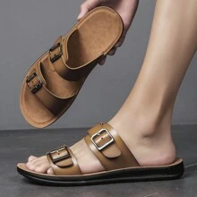 New Summer Adjustable Strap Men Casual Beach Sandals, Fashionable Versatile Indoor/Outdoor Flat Slippers - Khaki - View 2