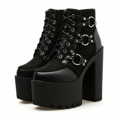 Botas Curtas de Zíper com Laço e Solado Grosso de Salto Grosso, Estilo Gótico de Cavaleira Feminina com Rebites Vintage