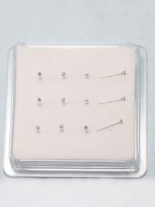 12 piezas/paquete Pendientes de nariz de plata esterlina 925 de 1.5mm con cristal transparente, joyería de perforación de nariz - Plateado - Ver 3