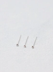 12 piezas/paquete Pendientes de nariz de plata esterlina 925 de 1.5mm con cristal transparente, joyería de perforación de nariz - Plateado - Ver 2