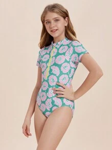 Teen Girl Floral Print Short Sleeve One-Piece Swimsuit - Pink - View 5