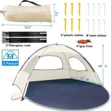 Beach Tent Anti-UV Portable Sun Shade Shelter For 3 Person, Extendable Floor With 3 Ventilating Mesh Windows Plus Carrying Bag, Stakes And Guy Lines - 嬰兒白 - 查看 7