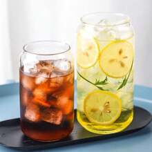 Vasos para bebidas con tapas de bambú y pajita de vidrio, tazas con forma de lata para cerveza y café helado, linda taza para bebidas, ideal para soda, té de boba y cócteles - 16 onzas - Ver 5