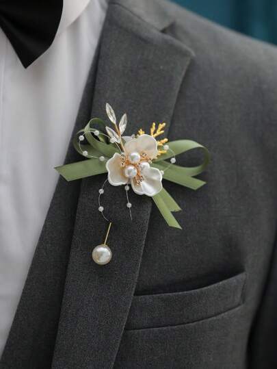 1pc White Triangle Leaf & Green Ribbon Boutonniere With Beaded Groomsmen Pin, Suitable For Weddings, Parties, And Daily Wear