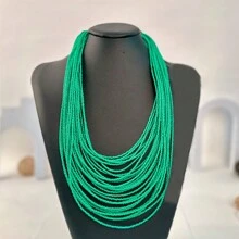 1 pieza de collar tejido a mano de cuentas de arroz multicapa con un unicolor bohemio, cadena de playa de verano - Collar de cuentas de arroz multicapa - Ver 6