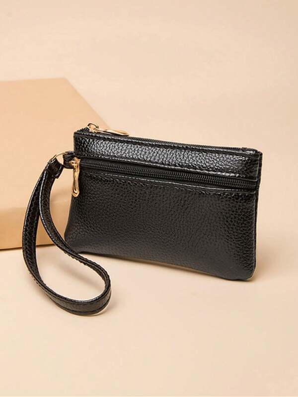 Cartera corta de mujer patentado brillante con correa de muñeca y cremallera doble, casual de negocios para mujer - Cartera mini, cartera, monedero, cartera de muñeca