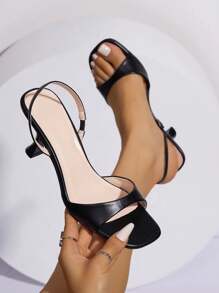 Simple Fashion Women\ Mid-Heel Square Toe Sandals With Ankle Strap - Black - View 5