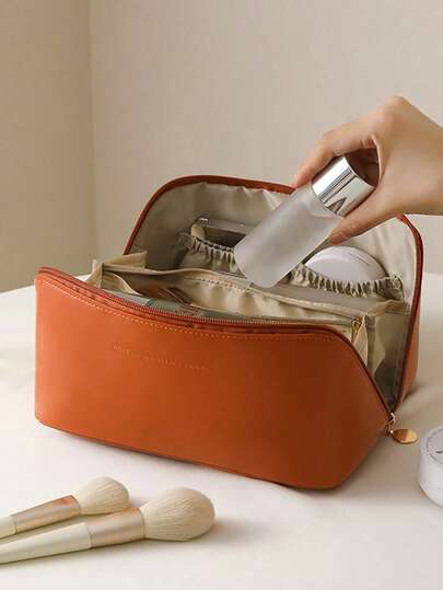 1 pieza Bolsa de cosméticos de gran capacidad para viaje, kit de artículos de aseo multifuncional para mujeres, organizador portátil, bolsos de estilo Maillard, color de otoño e invierno Maillard, bolsa de almacenamiento de maquillaje minimalista, útiles escolares, artículos esenciales para viajes, bolsa de maquillaje