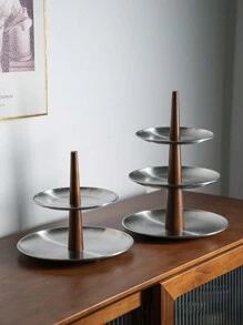 1pc, Stainless Steel Plate + Rubber Wood Column, Cake Stand - Silver - View 1