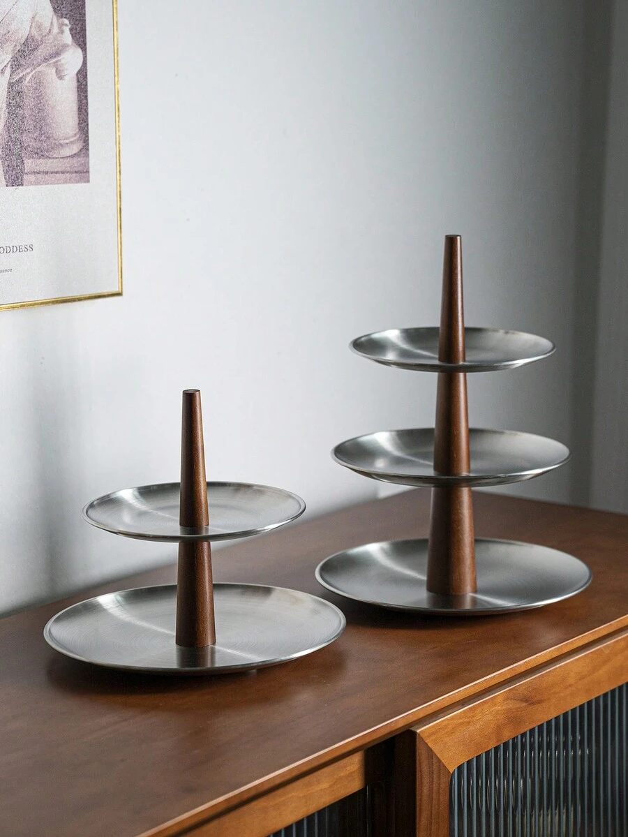 1pc, Stainless Steel Plate + Rubber Wood Column, Cake Stand - Silver - View 1