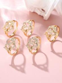 Tsnamer 1枚精美立方氧化锆金色字母心形戒指，26个字母A-Z可定制姓名花朵图案，可调节开口手镯式戒指，适合女性和女孩日常佩戴，生日珠宝礼物 - 金色 - 查看 6