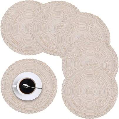 圆桌餐垫套装 2/4/6/8 - 编织耐热防滑厨房餐桌垫 15 英寸，可洗，易于清洁，非常适合晚餐、烧烤、室内和室外使用（奶油色）
