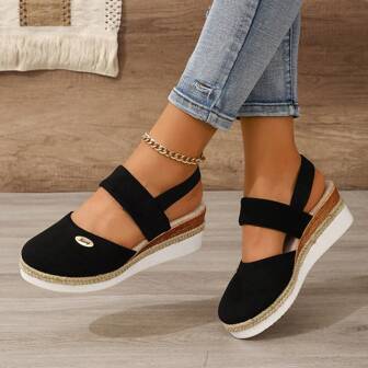 Elastic Ankle Strap Women Sandals With Thick Soles, Export Plus Size Closed Toe Espadrilles Wedges