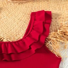 Tween Girl Cor sólida Elegante Gola Assimétrica Patchwork Babados Maiô de uma peça