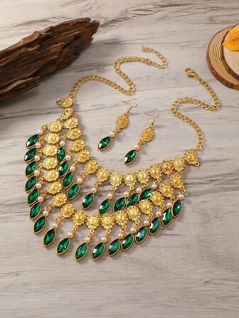 2 件耳环和 1 件项链，复古花卉镶嵌玻璃宝石项链套装，休闲女士配饰中东珠宝