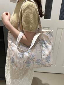 Women's Fashion Floral Print Large Capacity Tote Bag, Sewing Craft Shoulder Bag, Fabric Handbag, Suitable For Teenage Girls, Female College Students, Novices And White-Collar Workers, Suitable For Office, University, Work, Business, Commuting, Outdoor, Travel, Outing, Literary School Bag & Bookbag For Women Or Students, Perfect For Books, Shopping, Back To School And More