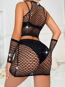 Conjunto de body de red sexy de una pieza con detalles de pedrería, perfecto para festivales de música. No incluye ropa interior. 4 piezas por juego.