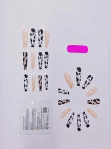 24pcs Minimalist Black And White Cow Themed Long French Ballet Style Nail Art Sticker + Jelly Rubber + Nail File Press On Nails Nail Supplies