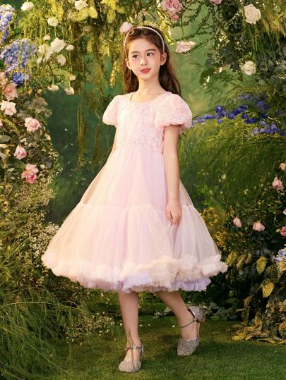 Dimu Tween Girl 2024 Summer New Fashion Fishtail Mesh Sequin Super Fairy Child Princess Dress