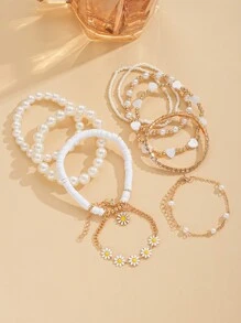 Pack Of 10 Lovely Daisy & Faux Pearl Beaded Bracelets For Women, Ideal For Date And Party Gift