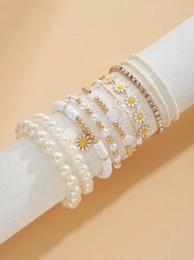 Pack Of 10 Lovely Daisy & Faux Pearl Beaded Bracelets For Women, Ideal For Date And Party Gift