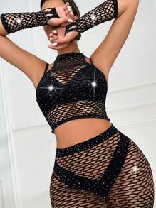Conjunto de body de red sexy de una pieza con detalles de pedrería, perfecto para festivales de música. No incluye ropa interior. 4 piezas por juego.