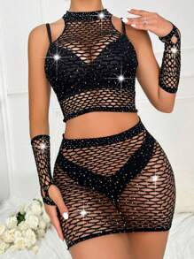 Conjunto de body de red sexy de una pieza con detalles de pedrería, perfecto para festivales de música. No incluye ropa interior. 4 piezas por juego.