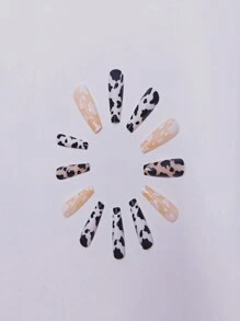24pcs Minimalist Black And White Cow Themed Long French Ballet Style Nail Art Sticker + Jelly Rubber + Nail File Press On Nails Nail Supplies