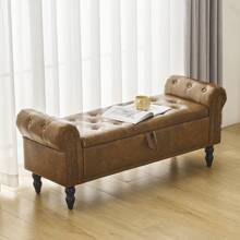 Fumahaus 52"Brown Storage Bench With Nailhead Trims Modern Faux Leather Upholstered End Of Bed Bench With Rolled Arms Luxurious Button Tufted Entryway Bench With Wood Legs Flared Ottoman Bench For Corridor Bedroom Living Room Hallway Room Decor - PU Leather- Brown - View 3
