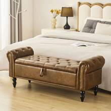 Fumahaus 52"Brown Storage Bench With Nailhead Trims Modern Faux Leather Upholstered End Of Bed Bench With Rolled Arms Luxurious Button Tufted Entryway Bench With Wood Legs Flared Ottoman Bench For Corridor Bedroom Living Room Hallway Room Decor - PU Leather- Brown - View 4