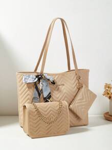 3件套女士围巾、托特包、链条单肩包、零钱包组合、绗缝包 - 卡其色 - 查看 1