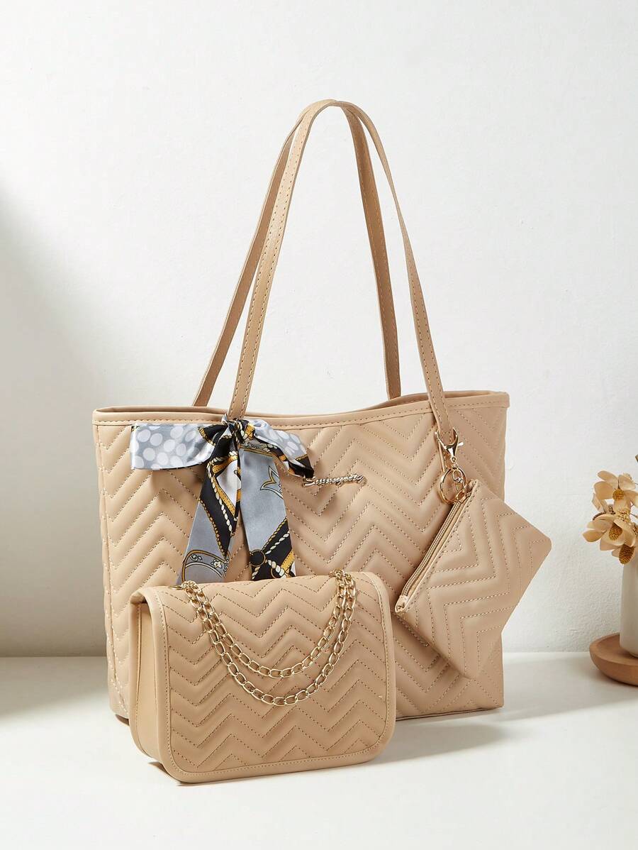 3件套女士围巾、托特包、链条单肩包、零钱包组合、绗缝包 - 卡其色 - 查看 1