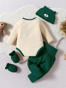 嬰兒男孩熊和英文印花長袖連體衣和褲套裝（4件裝）