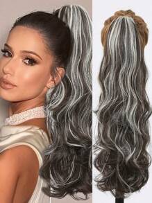 Lange gewellte Zopfverlängerung mit Clip in welligem synthetischem Haarteil 26 Zoll braun blond Highlights Zopfverlängerung mit Drawstring-Zopf für Frauen