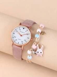 2 件/套简约可爱阿拉伯表盘哑光表带石英表 + 兔子手链，适合生日、万圣节、礼物（无盒）