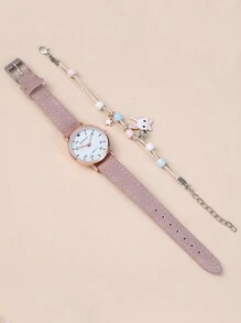 2 件/套简约可爱阿拉伯表盘哑光表带石英表 + 兔子手链，适合生日、万圣节、礼物（无盒）