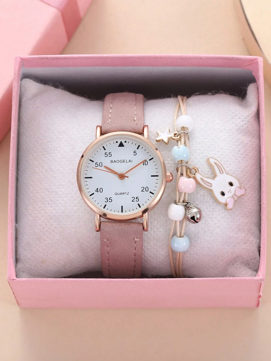 2 件/套简约可爱阿拉伯表盘哑光表带石英表 + 兔子手链，适合生日、万圣节、礼物（无盒）